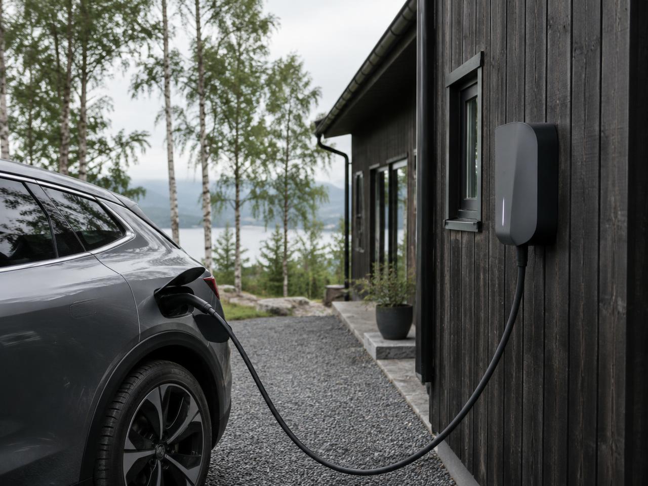 Ladeboks for elbil på vegg ved moderne bolig
