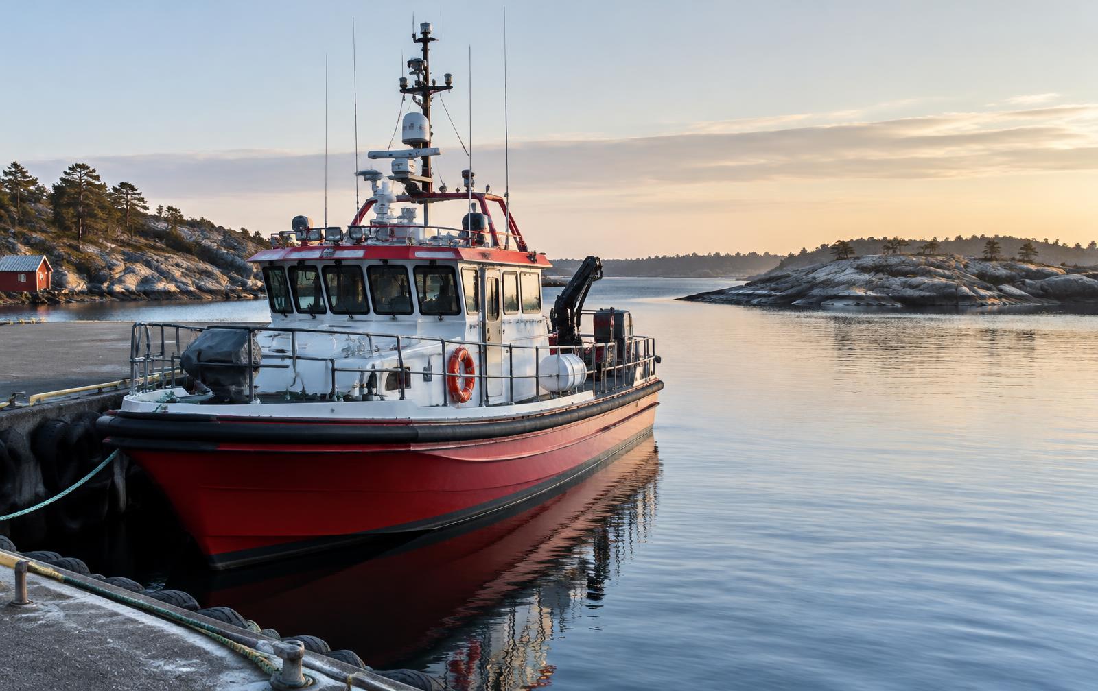 Arbeidsfartøy ved kai i skjærgården