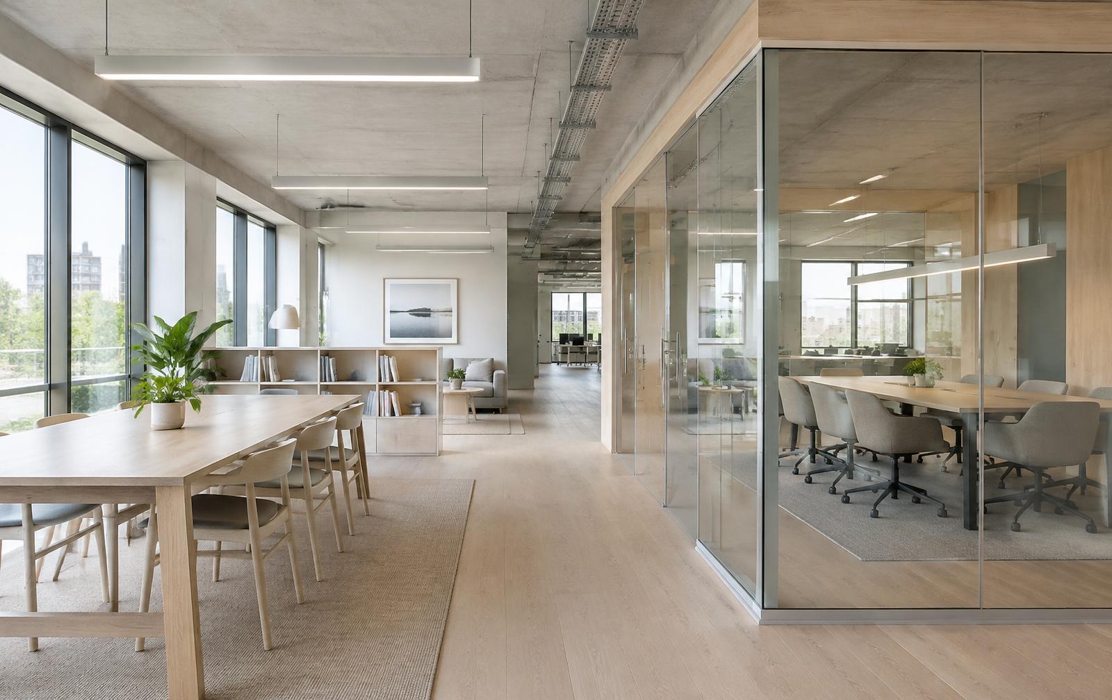 Lyst, moderne kontorlokale med linjebelysning og kabelbroer